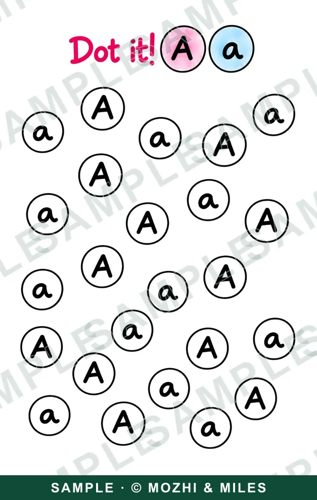 Dot It! page for the letter A: uppercase A and lowercase a letters in circles scattered across the page, ready to find and dot.