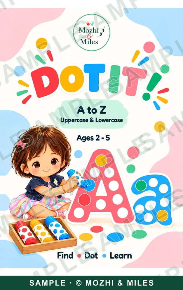 Cover of My First Dot It! Alphabet Book, A to Z uppercase and lowercase, ages 2–5: an illustrated little girl dotting a big letter A with dot markers.