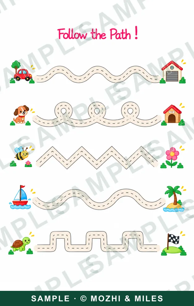 Follow the Path page: five roads — wavy, looping, zigzag and stepped — leading a car to a garage, a puppy to its kennel, a bee to a flower, a boat to an island and a turtle to a finish flag.