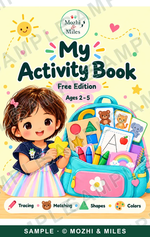 Cover of My Activity Book, Free Edition, ages 2–5: an illustrated little girl holding a yellow star next to a backpack full of activity cards, crayons and shapes.