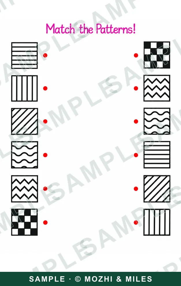 Match the Patterns page: six black-and-white patterned squares on each side — stripes, diagonals, waves, zigzags and a checkerboard — with dots for drawing a line between matching pairs.