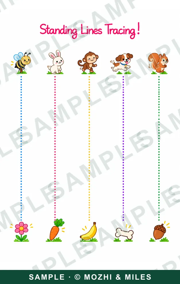 Standing Lines Tracing page: five dotted vertical lines, each leading from an animal at the top — a bee, bunny, monkey, puppy and squirrel — down to its flower, carrot, banana, bone or acorn.