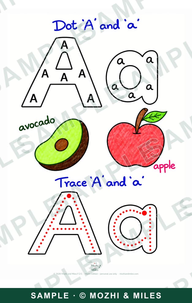 My First Alphabet Book page for the letter A: a big uppercase A and lowercase a to dot, pictures of an avocado and an apple with their words, and A and a to trace along red dotted lines from a start dot.