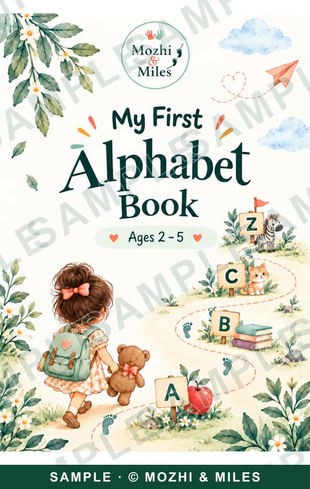 Cover of My First Alphabet Book, ages 2–5: an illustrated little girl with a backpack and a teddy bear walks a winding path past letter signs A, B, C and Z, with books, a kitten and a zebra along the way.